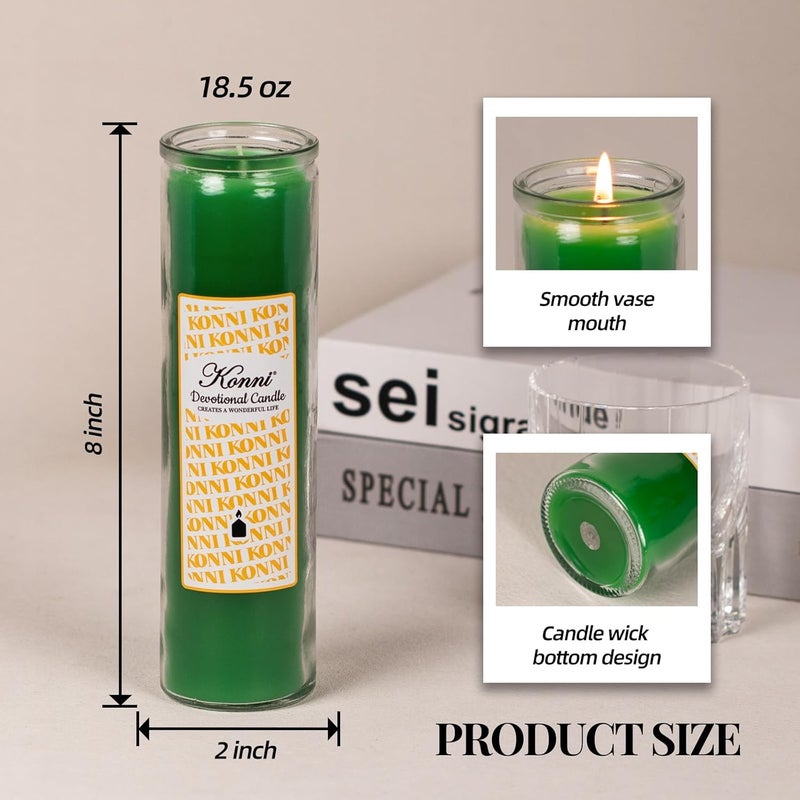 KONNI 2x8 Inch Green Pillar Candles in Glass Set of 3, Devotional Prayer Candle, Unscented Religious Candles, 105 Hours Emergency Long Burning, Ideal for Memorials, Vigil, Blessing - Image 2